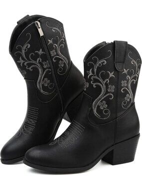 Women's Black Cowgirl Boots Mid Calf Side Zip Embroidered Slip-On Heeled Boots